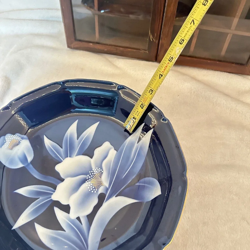 Vintage Japanese Fukagawa 11.5 Platter Bowl Cobalt Blue White Floral Gold Border